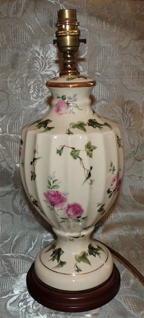 Large Sabby Chic Porcelain The Lamp Base Pink Cabbage Rose & Ivy Wooden Stand