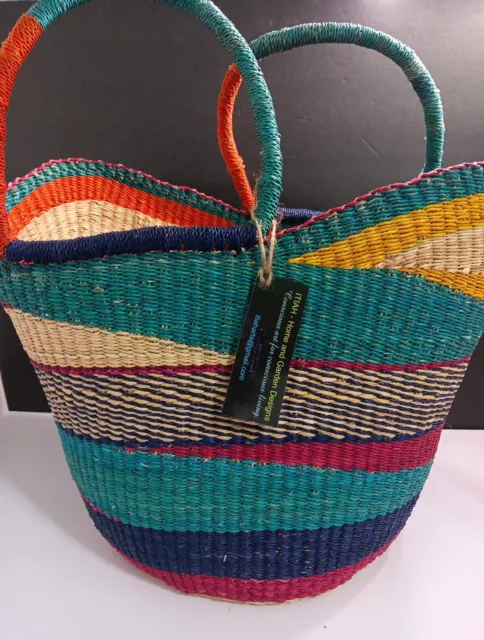 Handmade Colorful Multicolor Ghana Africa Straw Basket 18" X 16" & Handle NEW