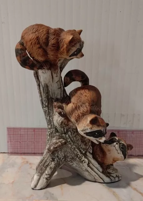 Masterpiece by Homco - Vintage porcelain figurine of 3 racoons climbing a tree