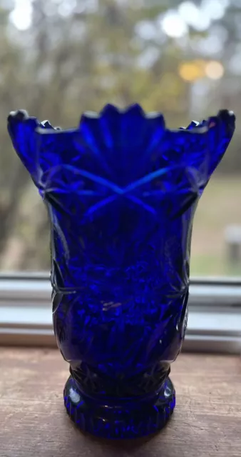 VTG 9” Cobalt Blue Cut Glass Vase Olive Branch Floral Pattern Large Heavy