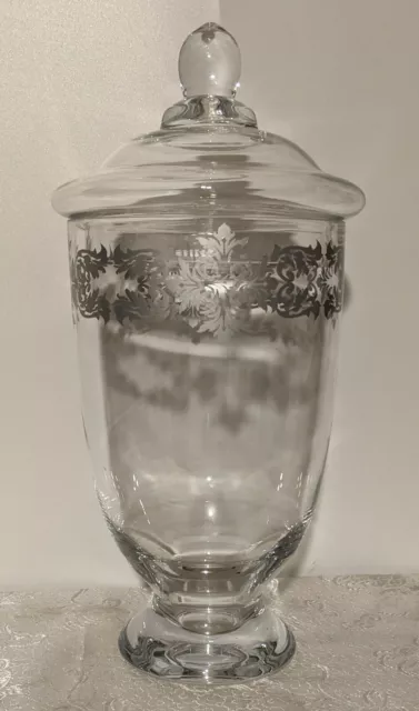 Large 11" Crystal Glass Jar & Lid Apothecary Vanity Candy Ornate Silver Overlay