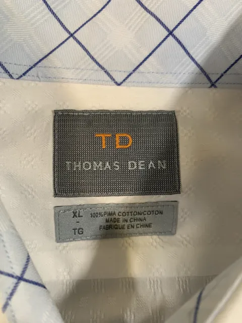 Thomas Dean Men’s 100% Pima Cotton Dress Shirt White Geometric Flip Cuff Size Xl