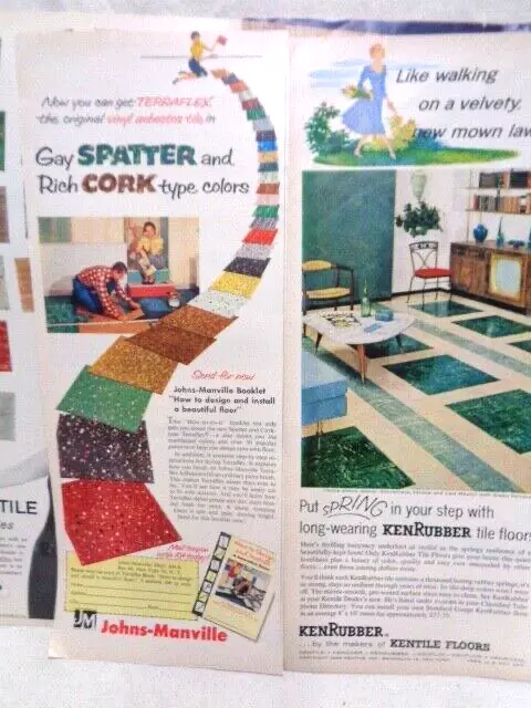 6 (six) vintage LINOLEUM TILE spatter ADS 1950 1958 era old Vintage