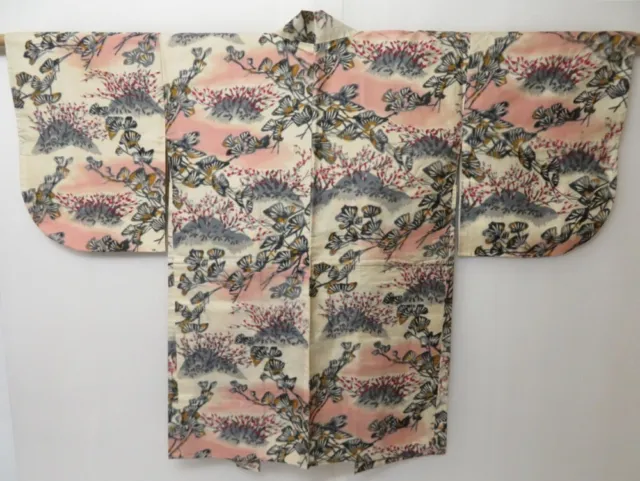 1709T01z410 Vintage Japanese Kimono Silk MEISEN HAORI Pine Peach-Beige