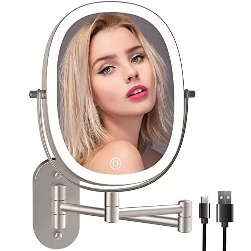 Lighted Wall Mounted Makeup Mirror, Double Sided 1X/7X Magnifying Brush Nickel