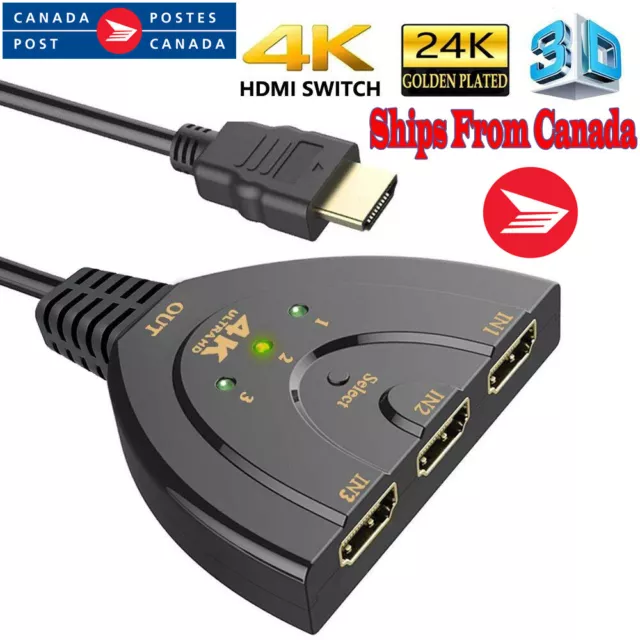 3 Port 4K HDMI 2.0 Cable Auto Splitter Switch Switcher 3x1 Adapter HUB 3D 3 to 1