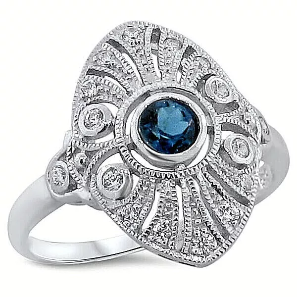 Genuine London Blue Topaz 925 Sterling Silver Vintage Style Filigree Ring   #194