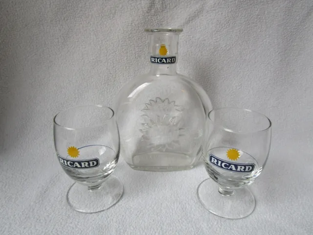 original RICARD Glas Karaffe Flasche Sonne mit Werbung 18cm und 2 Gläser Set rar