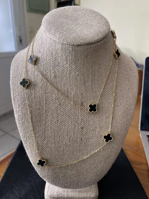 Collier Sautoir Doré Et Noir, Fleurs, Trèfles, Acier Inoxydable