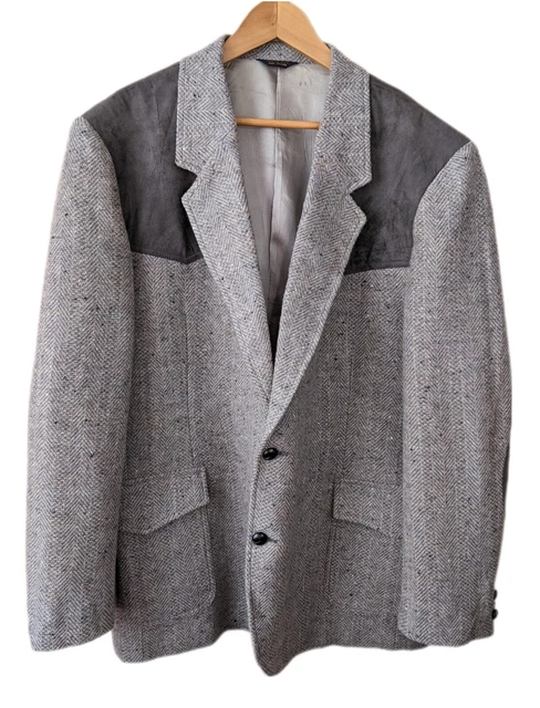 Giacca Pendleton vintage anni '60 lana tweed pelle scamosciata toppe gomito alta 54" lunga