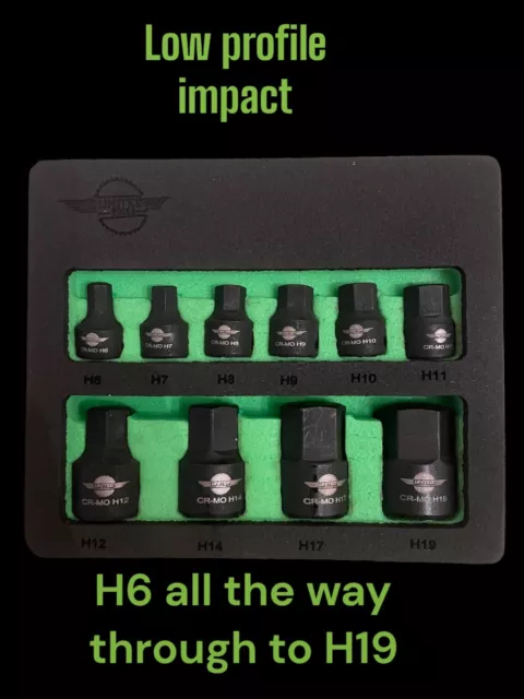 Impact Stubby 10pc Hex Allen Key Bit Socket Set Low Profile 1/4" & 3/8"Dr H6-H19