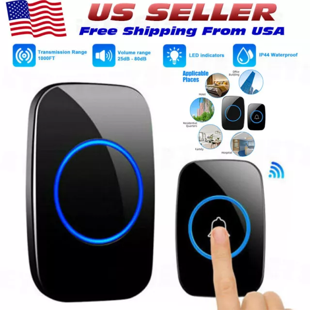 Waterproof Wireless Doorbell Adjustable Volume 1000FT Plugin Receiver 36 Chime