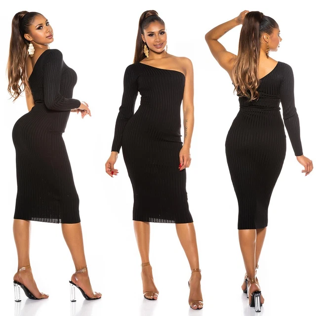 Vestito Donna Abito Elegante Nero Corto Maniche Lunghe Aderente da Sera Mini per