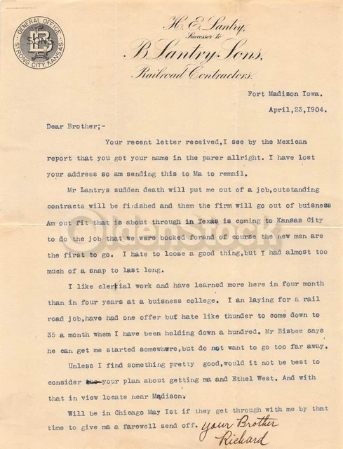 Mexico Santa Fe Railroad Contractor Fort Madison IA Antique Job Letter 1904
