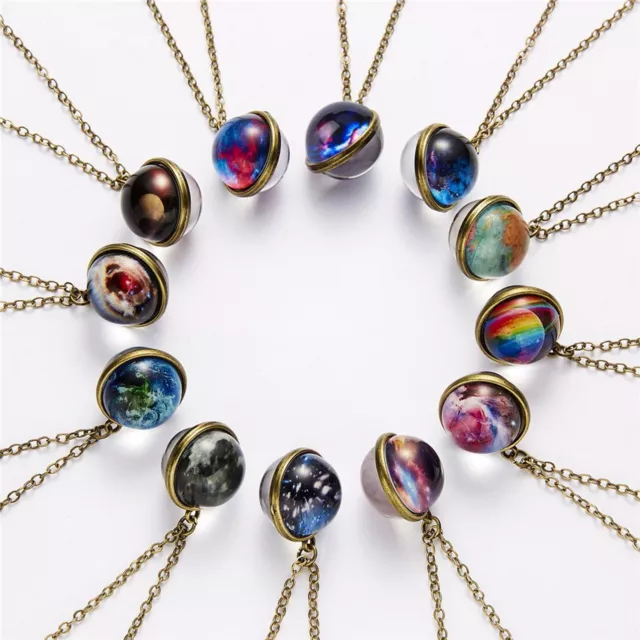 Glow In The Dark Galaxy System Double Sided Glass Dome Planet Necklace Pendant