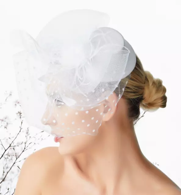 White Mini Top Wedding Feather Mesh Fascinator Hat Woman Headpiece Hair Clip