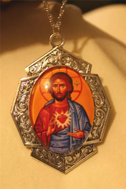 Gorgeous Art Deco-Inspired Orthodox Sacred Heart of Jesus Pendant Necklace