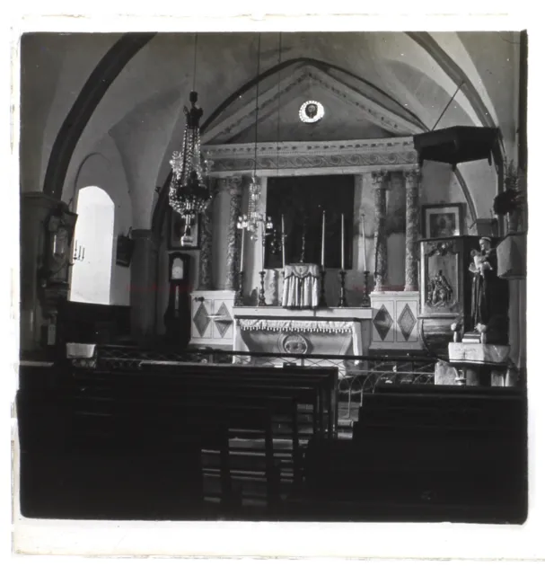 FRANCE Eglise Chapelle Intérieur c1930 Photo Plaque de verre Stereo Vintage 