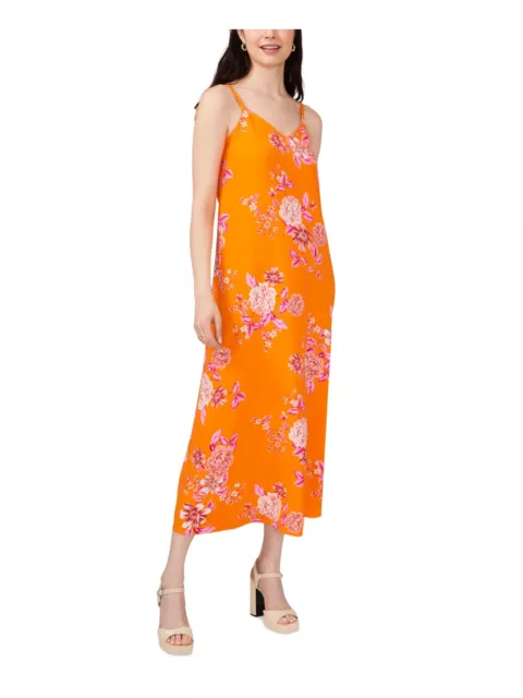 VINCE CAMUTO Womens Orange Floral Spaghetti Strap V Neck Midi Shift Dress XS
