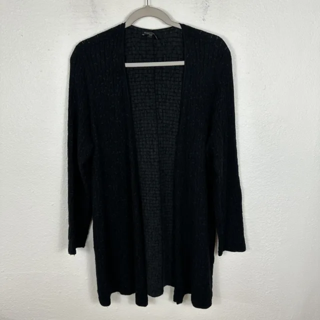 Eileen Fisher Sweater Large Black Open Front Long Cardigan Silk Blend Laganlook