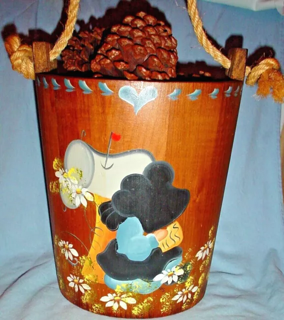 HAND PAINTED WOODEN BUCKET w ROPE HANDLE AMISH GIRL AT MAILBOX w LETTER/Sgnd KS