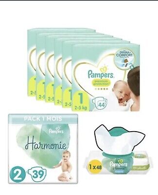 PAMPERS Premium Protection New Baby Taille 1 2 à 5Kg 44 couches + Harmonie T2