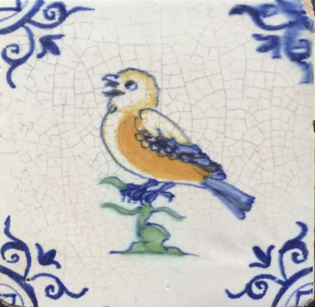 Antique Superb Dutch Delft Tile Bird Circa 1625 Polychrome