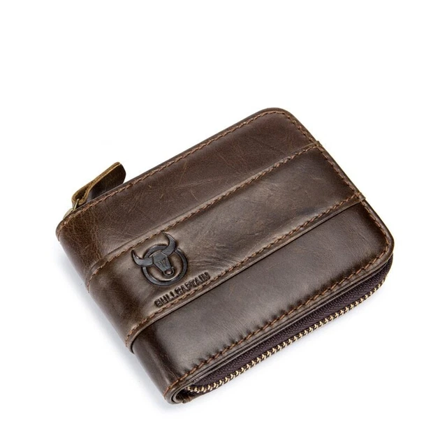 RFID Blocking Mens Real Genuine Leather Zipper Around Card Slots Coin Wallet 025