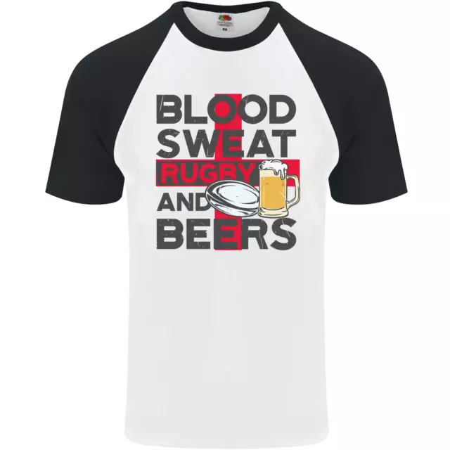 Blood Sweat Rugby and Beers England Funny Mens S/S Baseball T-Shirt