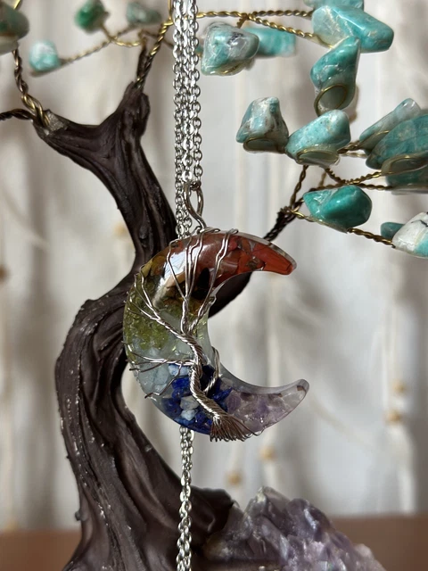 NEW Rainbow Chakra Tree of Life Wire Wrapped Crescent Moon Pendant Necklace
