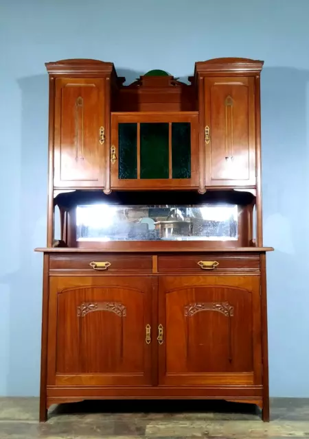 Magnifique buffet deux corps époque Art Nouveau en acajou et céramique vers 1900