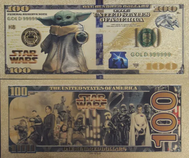 (1) Gold Banknote Star Wars "Grogu"  $100 Banknote For Gift Or Collectible.