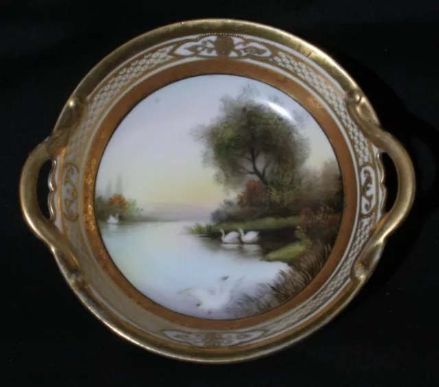 Beautiful Vintage Antique Noritake Gilded Pin Dish - Swans on Lake Scene 5 1/2"