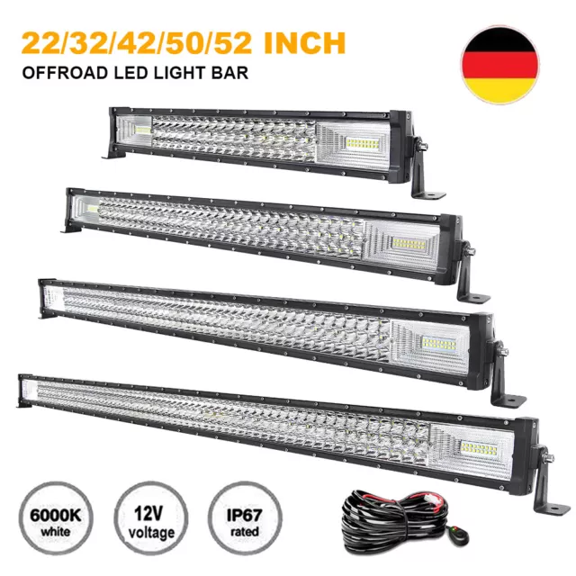 22-52 Inch 3 Rows LED Light Bar 12V 24V Flood Spot Combo Beam Offroad Work Lamp