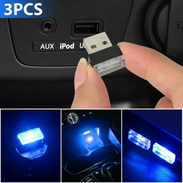 3x Blue Mini LED USB Car Interior Light Neon Atmosphere Ambient Lamp Accessories