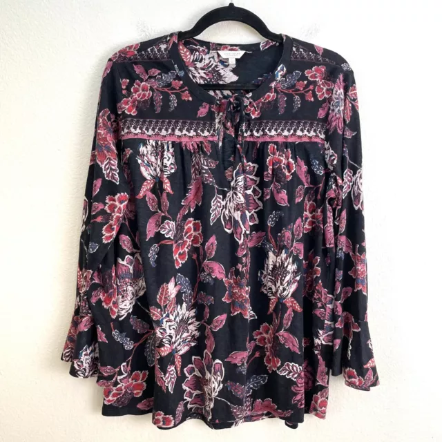 Lucky Brand Womens Large Floral Boho Blouse Front Tie Shirt Top