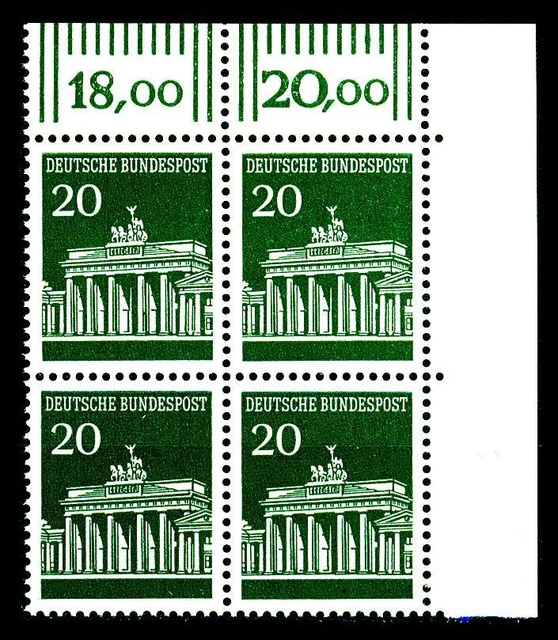 BUND Mi. 507, Brandenburger Tor  20 Pf. **, Mi. 507 - Eckrand-Vierer o.r.