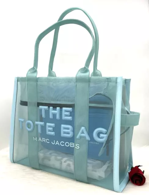 AUTH NWT Marc Jacobs Women’s The Large Logo Zip Top Mesh Tote In Pale Blue 2