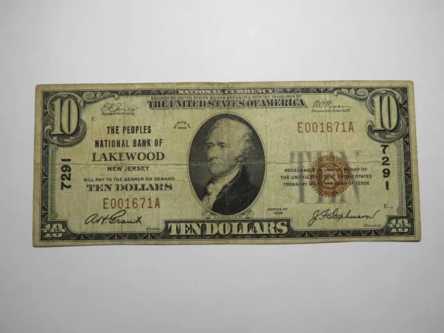 $10 1929 Lakewood New Jersey NJ National Currency Bank Note Bill Ch. #7291 RARE