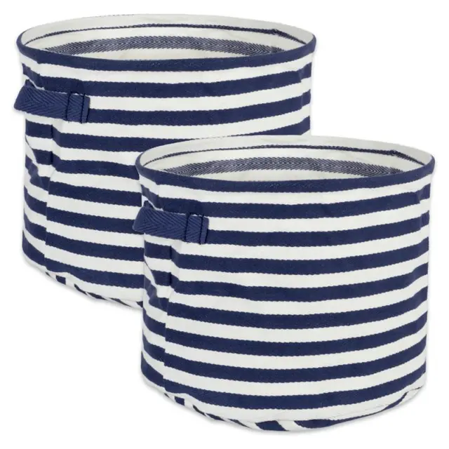 DII Round Modern Woven Cotton Medium Stripe Laundry Bin in Blue (Set of 2)