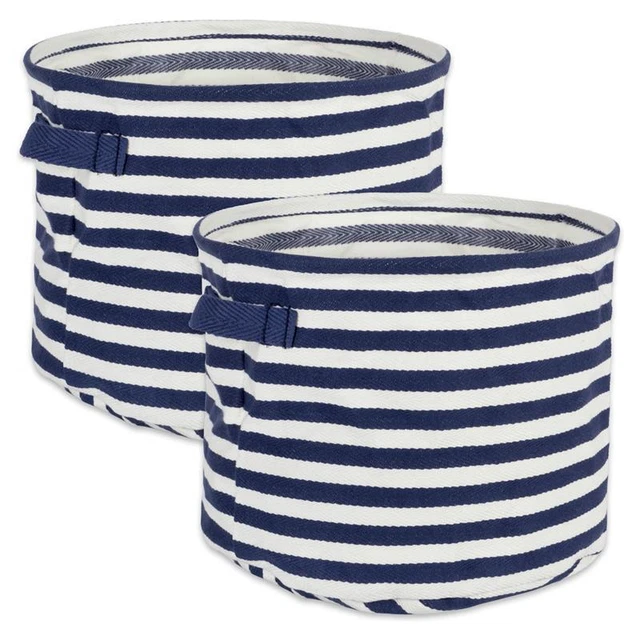 DII Round Modern Woven Cotton Medium Stripe Laundry Bin in Blue (Set of 2)