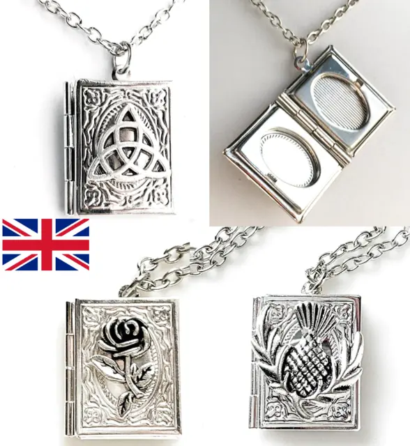 Book Photo Locket Pendant Necklace  Celtic Scottish English