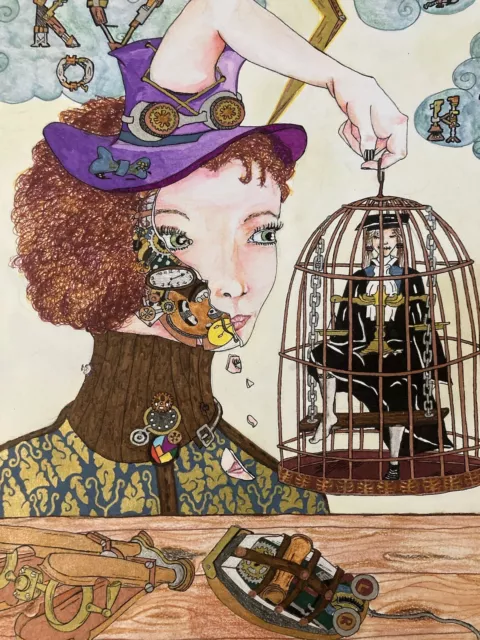 Hermoso Dibujo Pintura Steampunk Arte Bruto Cuadro 1990 Surreal para Identificar