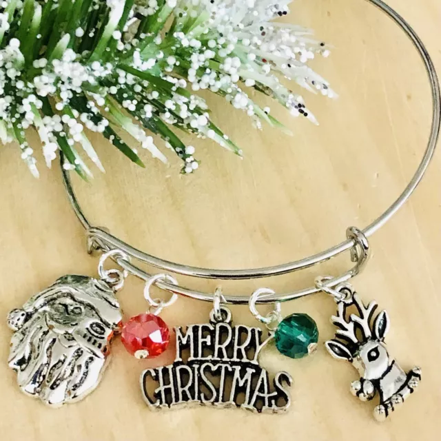 Merry Christmas~Santa & Reindeer Silver charms Expandable Bangle Bracelet