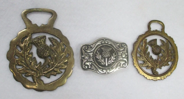 TWO Brass Horse Medallions Vintage English Scottish Thistle & Thistle Buckle