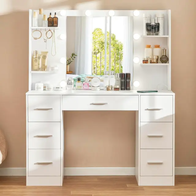 TEENFON Large Vanity Desk with LED Lighted Mirror & Power Outlet, 7 Drawers