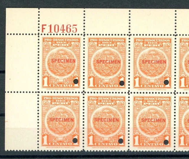 PERU Revenues PRO-DESOCUPADOS 1c Postal Tax ABNCo F10465 SPECIMEN Block{10} ZU87