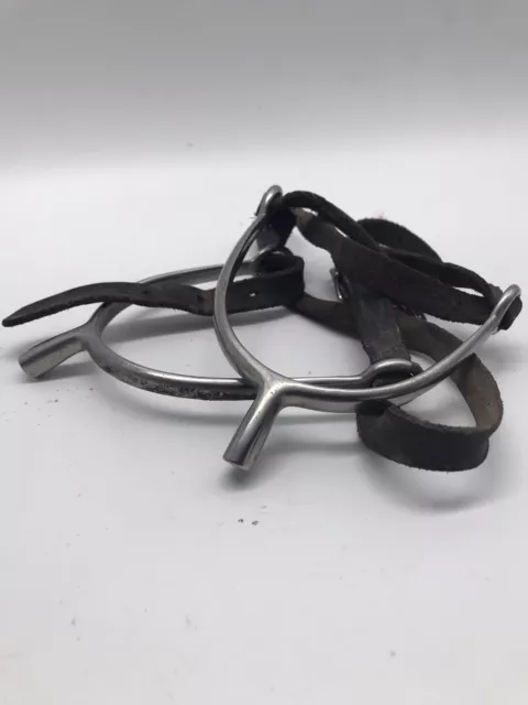 PAIR OF USED METAL AND LEATHER ENGLISH (blunt) SPURS WITH BUCKLE  BROWN STRAP
