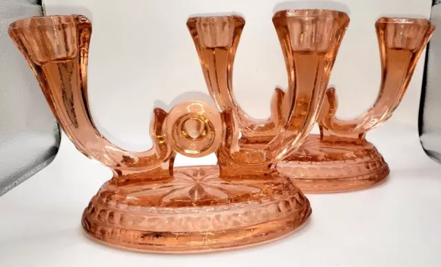 Heisey Flamingo Pink Depression Glass Double Candelabra Candle Holders Pair of 2