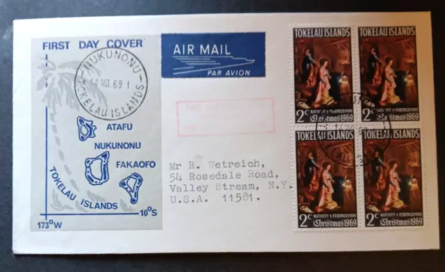 Tokelau 1969 Nativity Scene Christmas Stamp Block Cachet Fdc To Usa